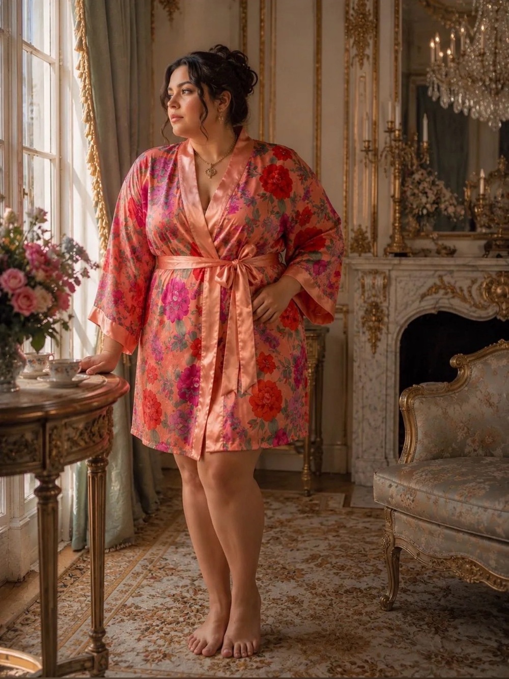 Victoria's Secret COVETED GOLD LABEL Pink Peach Floral Satin Wrap Robe 29” ptp